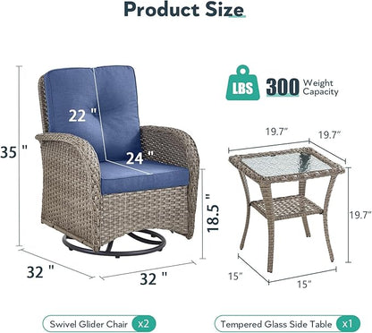 Outdoor Swivel Glider Rocker Chairs - 3 Piece Wicker Patio Furniture Set, All Weather Patio Bistro Sets with Glass Side Table for Balcony Porch Deck Backyard - Grey Wicker Blue Cushion