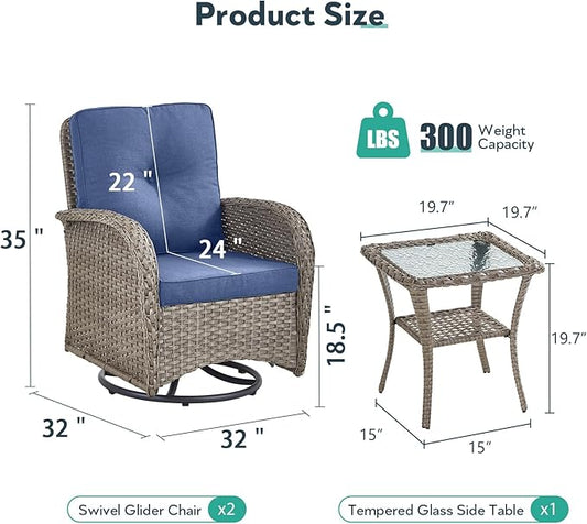 Outdoor Swivel Glider Rocker Chairs - 3 Piece Wicker Patio Furniture Set, All Weather Patio Bistro Sets with Glass Side Table for Balcony Porch Deck Backyard - Grey Wicker Blue Cushion