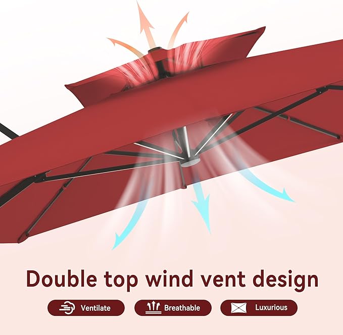 10 X 13 FT Cantilever Outdoor Patio Umbrella with Base Included with Led Lights Large 360° Rotation Double Top Offset Heavy Duty Rectangular Umbrellas for Backyard Outside Deck, Wine Red