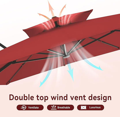 10 X 13 FT Cantilever Outdoor Patio Umbrella with Base Included with Led Lights Large 360° Rotation Double Top Offset Heavy Duty Rectangular Umbrellas for Backyard Outside Deck, Wine Red
