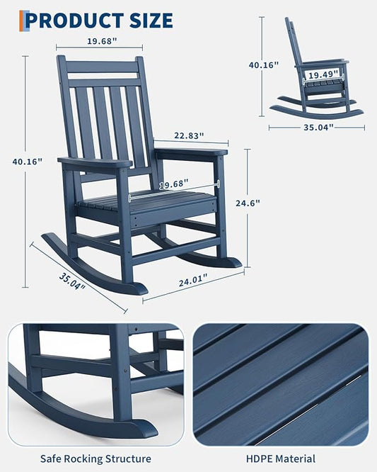 GarveeLife Poly Lumber Rocking Chair Outdoor Set of 2 - HDPE High Back Porch Rocker Chairs for Adults - All Weather Resistant Furniture for Patio - Navy Blue