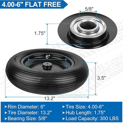 4.00-6 Flat Free Wheelbarrow Tires and Wheels, 13 Inch Wheelbarrow Tires with 5/8" or 3/4" Bearings, 1.75'' Centered Hub Hand Truck Solid Wheels Replacement for Hand Trucks, Dolly Trolleies