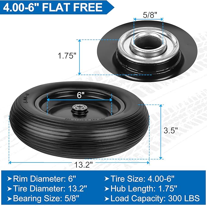 4.00-6 Flat Free Wheelbarrow Tires and Wheels, 13 Inch Wheelbarrow Tires with 5/8" or 3/4" Bearings, 1.75'' Centered Hub Hand Truck Solid Wheels Replacement for Hand Trucks, Dolly Trolleies, 2 PCS