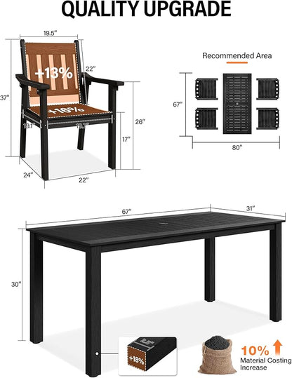 YEFU HIPS Patio Table Set: 5 Piece Outdoor Table and Chairs Dining Furniture Set with Umbrella Hole - Black Modern Plastic Dining Sets 4 Person for Outside Deck with Metal Aluminum Frame