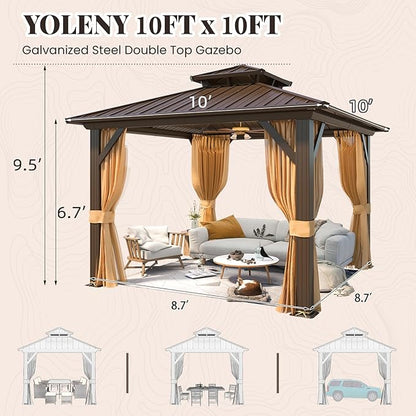 YOLENY 10' x 10' Hardtop Gazebo, Metal Gazebo with Aluminum Frame, Double Galvanized Steel Roof, Curtains and Netting Included, Pergolas for Patios, Garden, Parties, Lawns