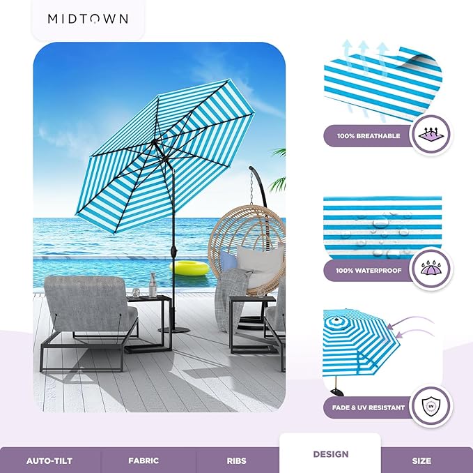 Midtown Umbrellas The Lean 10 Feet Outdoor Umbrella With Terylast Cobalt Stripes (Blue/White Stripes) Polyester Fabric - Auto-Tilt Aluminum Frame Patio Umbrella For Deck, Garden, Pool - Black Pole