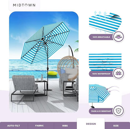 Midtown Umbrellas The Lean 10 Feet Outdoor Umbrella With Terylast Cobalt Stripes (Blue/White Stripes) Polyester Fabric - Auto-Tilt Aluminum Frame Patio Umbrella For Deck, Garden, Pool - Black Pole