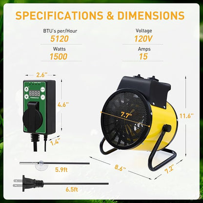 Portable Greenhouse Heater with Digital Thermostat, Overheat Protection, 1500W Radiant Electric Heater for Indoor & Outdoor Use, Garage, Grow Tent, RV, IPX4 Water Resistant, 1 Pack, Yellow