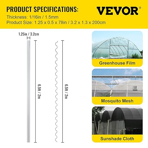 VEVOR Greenhouse Spring Wire and Lock Channel 20 Packs, 6.56 ft PE Coated Aluminum Alloy Bundle Kit, Plastic Poly Film or Shade Cloth Attachment w/Screws, Silver