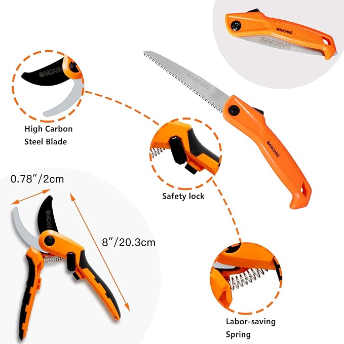 GARCARE 4 IN 1 Garden Shears Pruning Set with Bypass Pruning Shears Compound Lopper and Hedge Shears and Folding Saw with Carbon Steel Sharp Blades