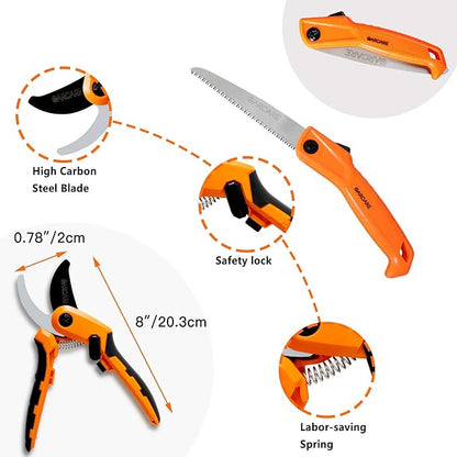 GARCARE 4 IN 1 Garden Shears Pruning Set with Bypass Pruning Shears Compound Lopper and Hedge Shears and Folding Saw with Carbon Steel Sharp Blades