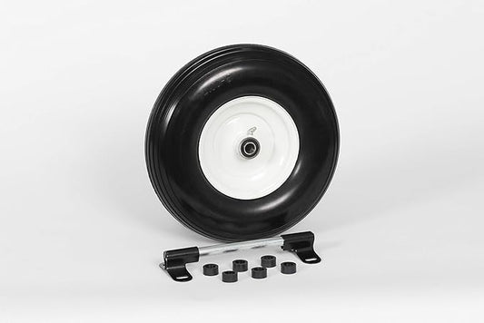 Flat Free Universal Wheelbarrow Replacement Tire | Complete Wheel Assembly | White Rim and Ribbed Tread | 13" Wheel | Adapter Kit Included