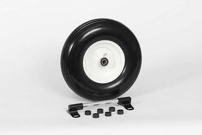 Flat Free Universal Wheelbarrow Replacement Tire | Complete Wheel Assembly | White Rim and Ribbed Tread | 13" Wheel | Adapter Kit Included