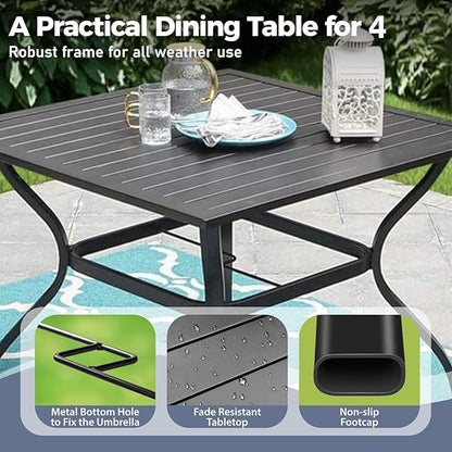 Patio Dining Set for 4, 37”Square Table with Umbrella Hole, 4 Metal Blue Chairs, Outdoor Table and Chairs for Lawn Backyard and Deck