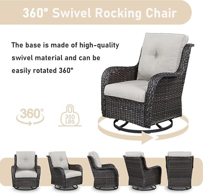 Wicker Outdoor Dialogue Set -6-Piece Outdoor Wicker High Back Sofa with Rotating Rocking Chair Terrace Furniture, Suitable for Deck, Pool, Backyard