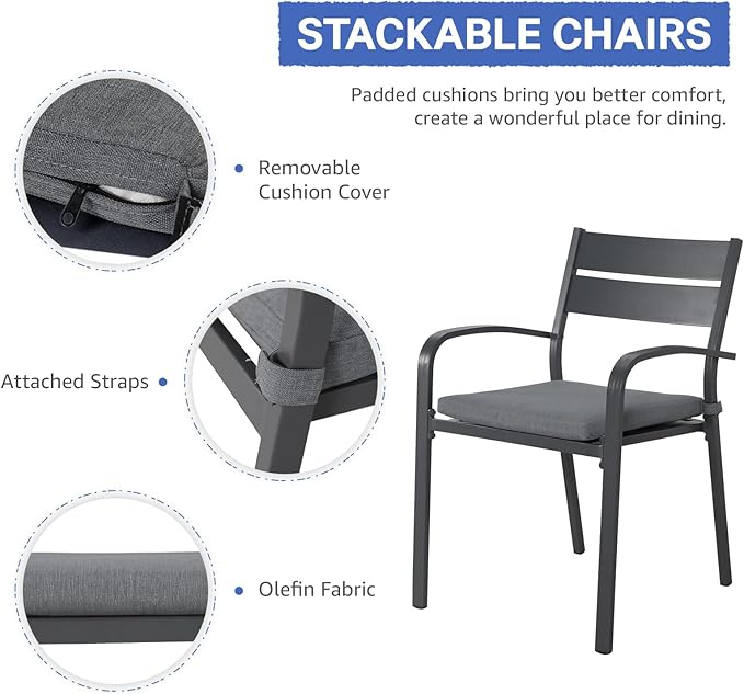 Soleil Jardin Outdoor Aluminum 2-Piece Patio Dining Chairs with Cushions, Stackable Bistro Chairs for Balcony, Garden, Backyard, Dark Grey Finish & Grey Cushion