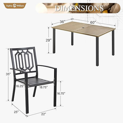Sophia & William Patio Table and Chairs Set, Outdoor Dining Set for 6, 7 Piece Metal Patio Furniture, 60" Rectangular Table with Wood-Like Tabletop(Geometry)
