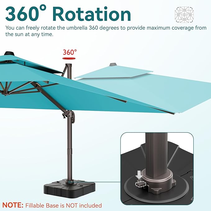 10x13 FT Patio Umbrella, Large Cantilever Rectangular Double Top Heavy Duty Offset Umbrellas with 360° Rotation, Outdoor shade for Garden Deck Pool Patio, Turquoise