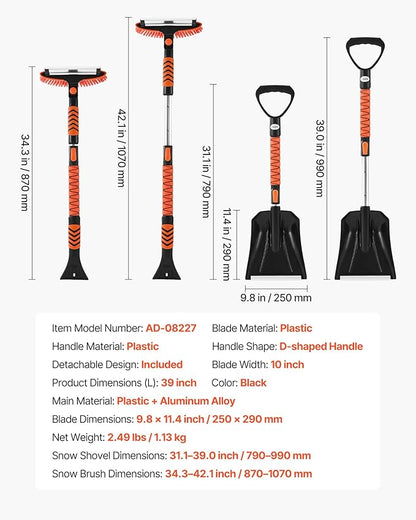 VEVOR Snow Shovel and Snow Brush, 42 in Extendable Snows Broom & Ice Scraper with 180° Pivoting Brush Head, Non-Slip Grip, Portable Winter Snows Removal Tools for Cars Trucks SUVs Vehicle
