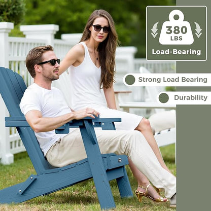 Folding Adirondack Chair Wood Texture 4 Pack, HDPE All-Weather Fire Pit Chairs, Plastic Adirondack Chairs with 2 Cup Holder, Outdoor Lawn Chair for Patio Garden (Navy Blue)