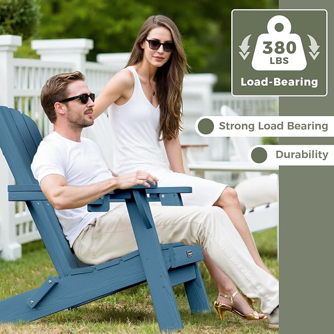 Folding Adirondack Chair with Wood Texture, HDPE All-Weather Fire Pit Chairs, Plastic Adirondack Chairs with 2 Cup Holder, Outdoor Lawn Chair for Patio Garden (Navy Blue)