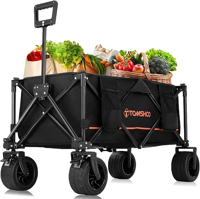 TOMSHOO Wagons Cart 120L Collapsible Wagon 330lbs Load Universal Wheels Wagons Carts Foldable with Cup Holders, Side Pocket and Brakes for Camping, Garden, Sports, Beach, Shopping, Black