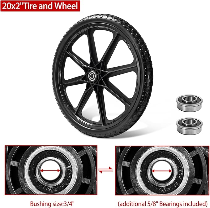 (2 PACK) 20" Flat Free Cart Wheels Compatible with rubbermaid Wheelbarrow Wheels,20x2" Flat Free Tires for Lawn Mower, Garden Cart- 3/4" Bearing,Hub Length 2.5", Black