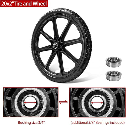 (2 PACK) 20" Flat Free Cart Wheels Compatible with rubbermaid Wheelbarrow Wheels,20x2" Flat Free Tires for Lawn Mower, Garden Cart- 3/4" Bearing,Hub Length 2.5", Black