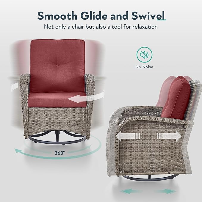 7 Piece Patio Furniture Set - Wicker Patio Conversation Set with Swivel Glider, Glider Loveseat, Tempered Glass Side Table and 2 Ottomans for Deck Backyard - Grey Wicker Red Cushion