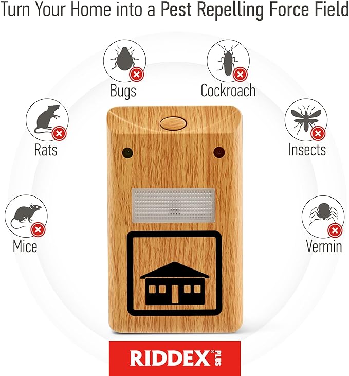 RIDDEX Plus Insect Control- Plug in, Mouse Deterrent - Pest Control for Defense Against Rats, Mice, Roaches, Bugs and Insects (Wood)