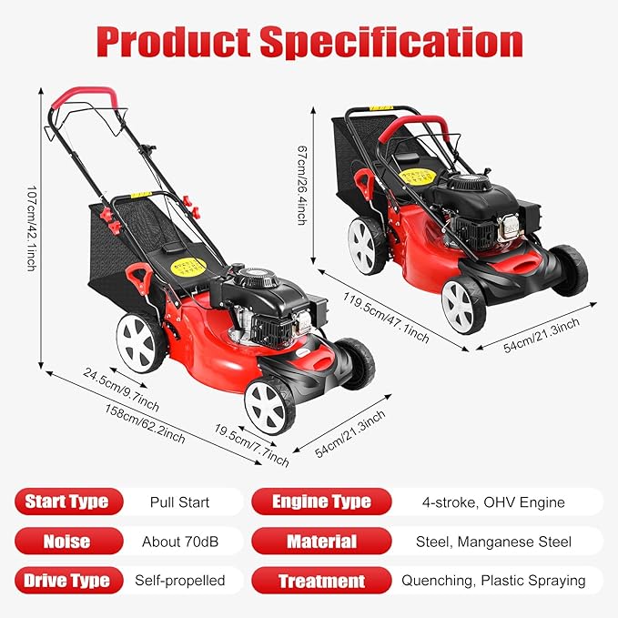 5Hp 4 Stroke Gas Push Lawn Mower, Self-Propelled Gas Powered Lawn Mower with Bagger, 20-inch & 140CC Gas Mower, 8 Adjustable Heights for Small to Medium Sized Yards