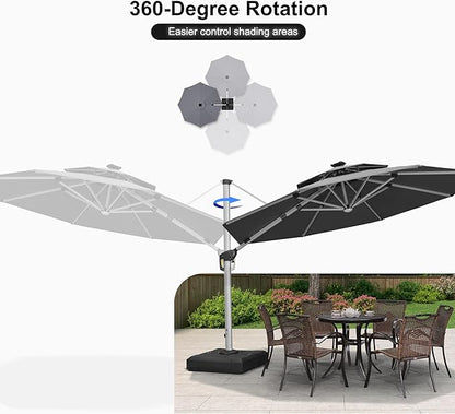 PURPLE LEAF 11ft Solar powered LED Patio Umbrella Outdoor Round Umbrellas Large Cantilever Umbrella with LED lights Windproof Offset Umbrellas Heavy Duty Sun Umbrella for Garden Deck Pool Patio, Grey