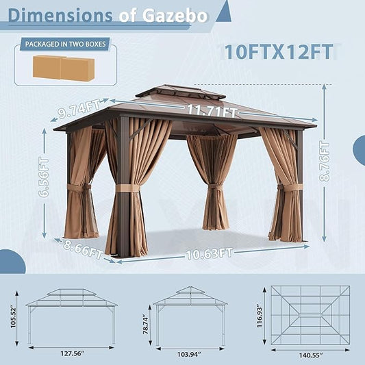 Aoxun 10' x 12' Outdoor Hardtop Gazebo Premium Polycarbonate Double - Roof Structure with Aluminum Frame, Complete with Privacy Curtains & Mosquito Netting for Backyard, Patio, Deck Parties (Brown)