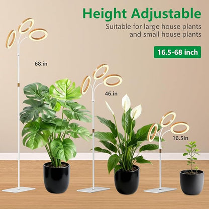 Full Spectrum Grow Light with Stand for Indoor Plants, Floor Plant Light, 6/12/18H Timer, 3 Color Modes, Adjustable Height 16.5–68in, for Large Plants & Home Décor(Tri-Head,Faux Wood Grain)