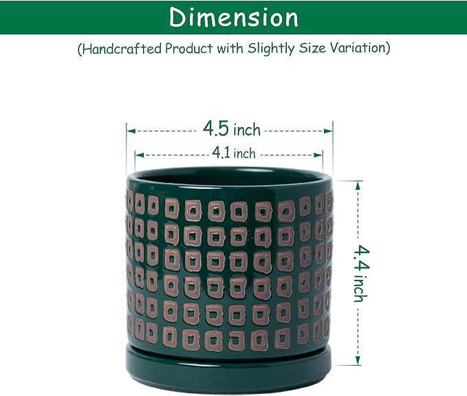 D'vine Dev Set of 2 Ceramic Planter Pots with Drainage Hole and Saucer, 4.5 Inch Plant Pots for Plants Indoor Houseplants, Green, 99-Z-A-4-V