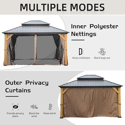 Domi Hardtop Gazebo 12’x14’ Cedar Frame Wood Gazebo with Galvanized Steel Double Roof, Outdoor Permanent Metal Gazebo with Curtains and Netting for Patio,Deck,Backyard