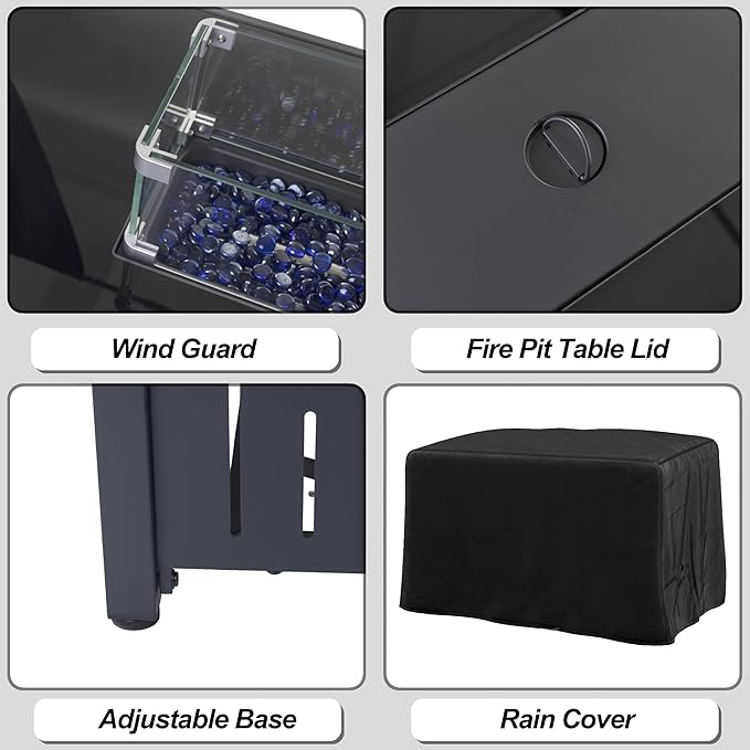 43 Inch Outdoor Propane Fire Pit Table 50,000 BTU, Rectangle Gas Fire Pit with Glass Wind Guard & Tempered Glass Top for Outside Patio & Backyard, Includes Rain Cover & Glass Beads