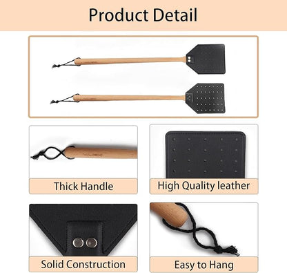 Fly Swatter - Long Hand Wood Fly Swatters with Hanging Rope, Heavy Duty Fly swatter for Home/Classroom/Office(Black)