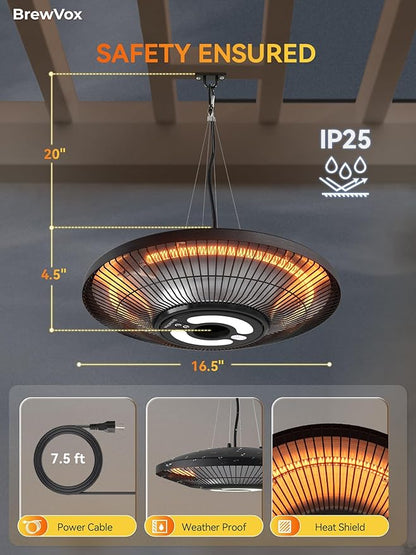 Carbon Infrared Outdoor Patio Hanging Heater with LED Night Light, Smart App-Controlled Remote On/Off, 24H Timer for Living Room, Bedroom, Garage