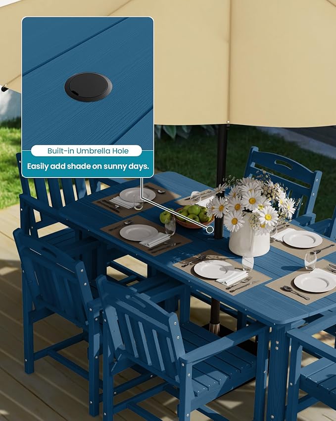 Ciokea HDPE Outdoor Dining Table with Umbrella Hole,66" Rectangle Patio Table for 6,All-Weather Outdoor Patio Furniture Set for Garden Backyard,Navy Blue
