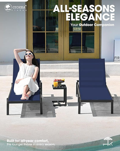 Aluminum Chaise Lounge Chair Outdoor with Wheels, Patio Lounge Chair with Adjustable 5-Position Recliner and Full Flat Tanning Chair for Patio, Beach, Pool, Navy Blue