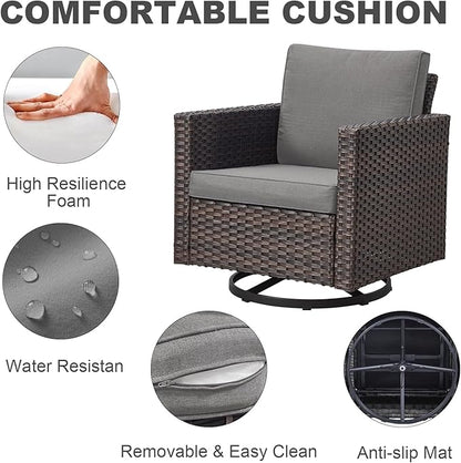 Wicker Outdoor Swivel Chairs Set of 4 with Fire Pit Table, 5 Pieces Patio Furniture Set with Fire Pit Table for Yard, Deck, Garden, Brown/Grey