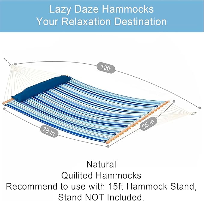Lazy Daze Hammocks 12 FT Quilted Fabric Double Hammock with Spreader Bars and Detachable Pillow, 450lbs Weight Capacity