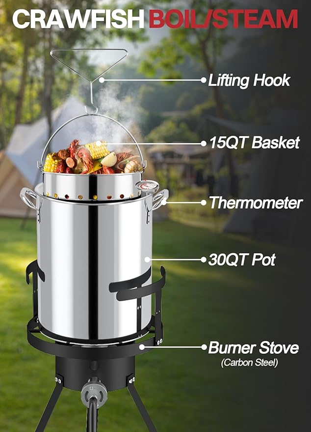 30QT Outdoor Turkey Fryer Set | Stainless Steel | Cover & Basket Included | 50,000BTU Propane Gas Burner | Seafood Boil Pot | Perfect Outdoor Cooker for Turkey, Crawfish, Crab, Shrimp & Lobster