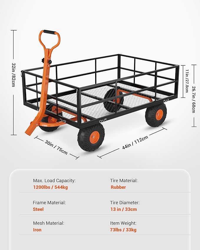 Metal Wagon - 1200lbs Garden Cart with 10" Multi-Terrain Tires, 4 Removable Mesh Sides & 180° Swivel Handle, Yard Wagon Cart for Lawn, Yard, Patio Gardening