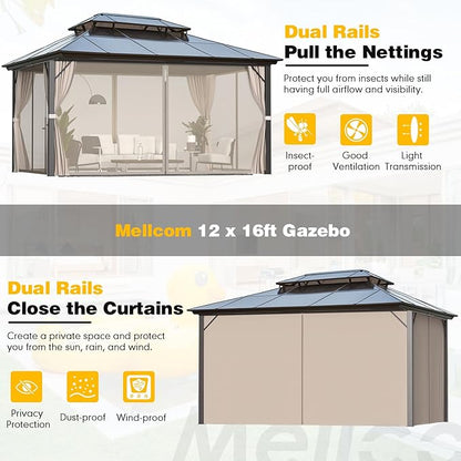 MELLCOM 12'x16' Hardtop Gazebo with Polycarbonate Double Roof, Aluminum Frame Outdoor Gazebos with Curtains and Netting for Garden, Lawn and Patio