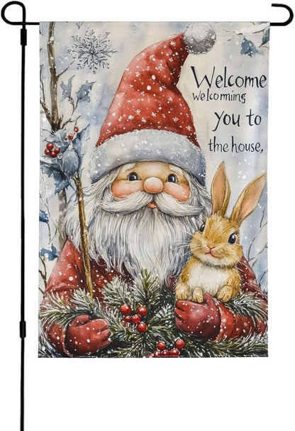 Christmas Gnome Rabbit Garden Flag Vertical Double Sided Outdoor Yard Flags 12.5x18 Inch Burlap Banners Vertical Double Sided for Outdoor Decor Lawn