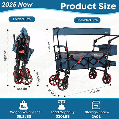 Collapsible Canopy Wagon,Large Capacity Trolley, Foldable Portable Cart with Canopy, Adjustable Push/Pull Handle, Shock-Absorbing Wheels, Suitable for Shopping,Traveling-G