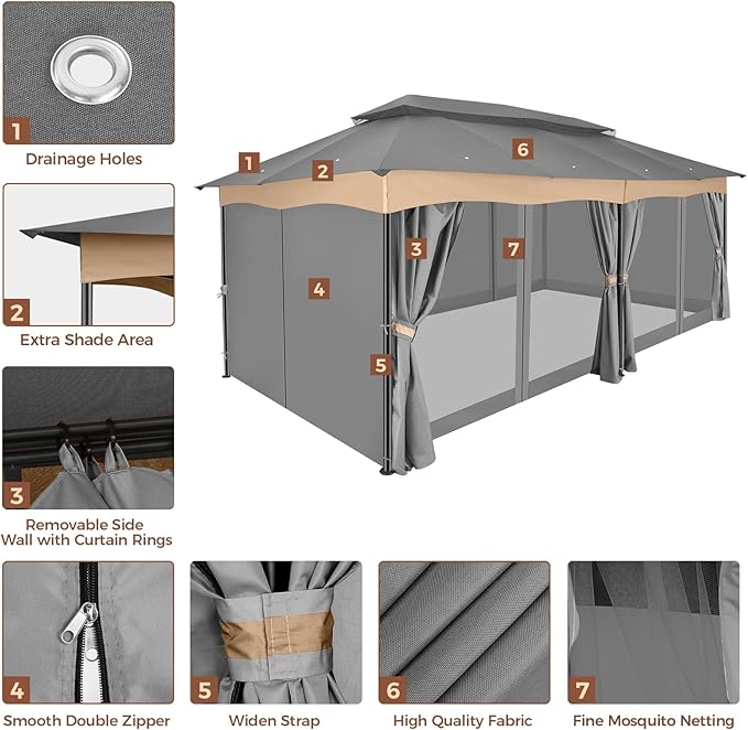 COBIZI Gazebo 12x20 Heavy Duty Gazebos with Curtain and Netting Outdoor Gazebo Canopy Double Roof Patio Gazebos with Metal Steel Frame for Patio, Garden, Backyard (Gray)