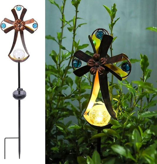 VCUTEKA Solar Garden Lights Cemetery Metal Flower Decor Colorful Solar Pathway Light with LED Cracked Crystal Ball Outdoor Decorative Stake for Patio Yard Lawn Garden Decor (Cross)